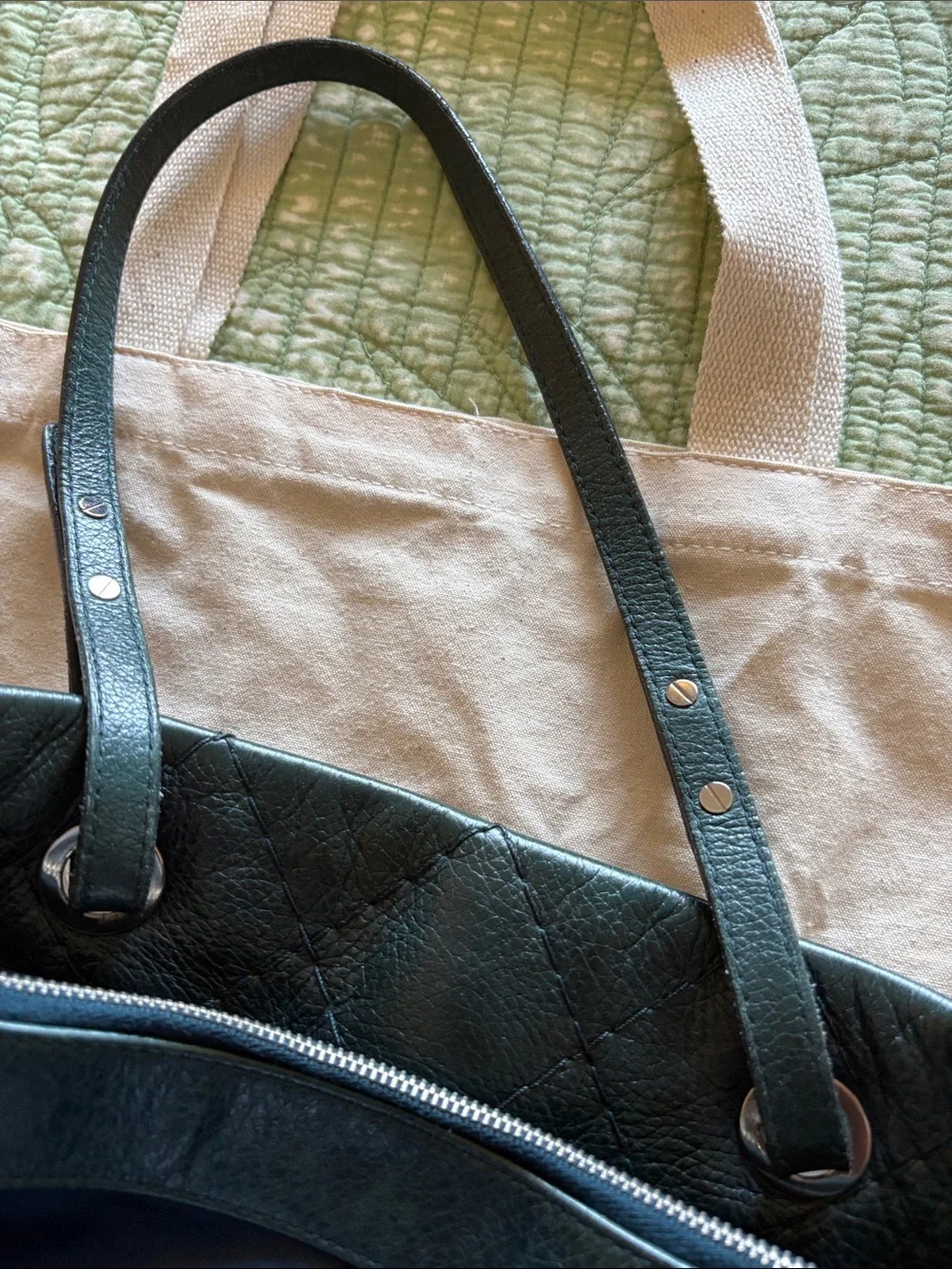 Authentic CHANEL Quilted Leather Tote in Deep Green with Silver Hardware